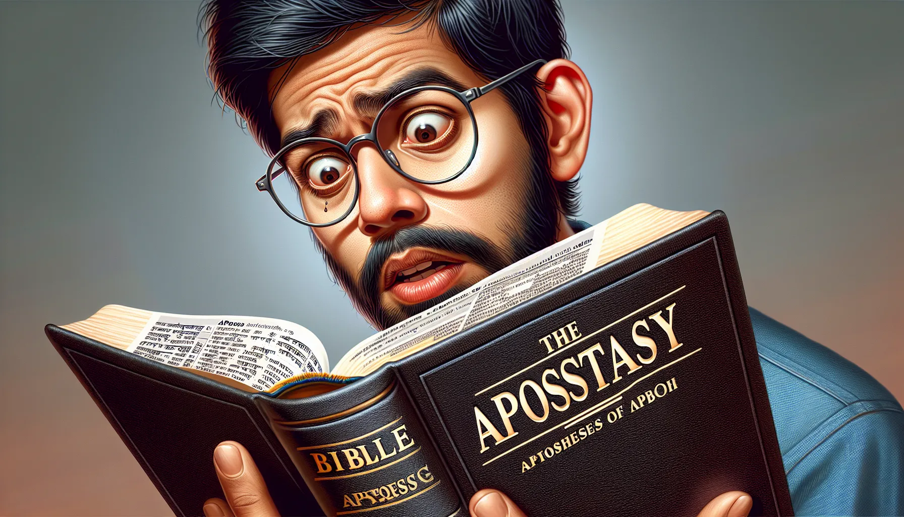 Imagen de una persona leyendo la Biblia con expresión de sorpresa y confusión en el rostro, resaltando la palabra 'apostasía' en el texto que está leyendo.