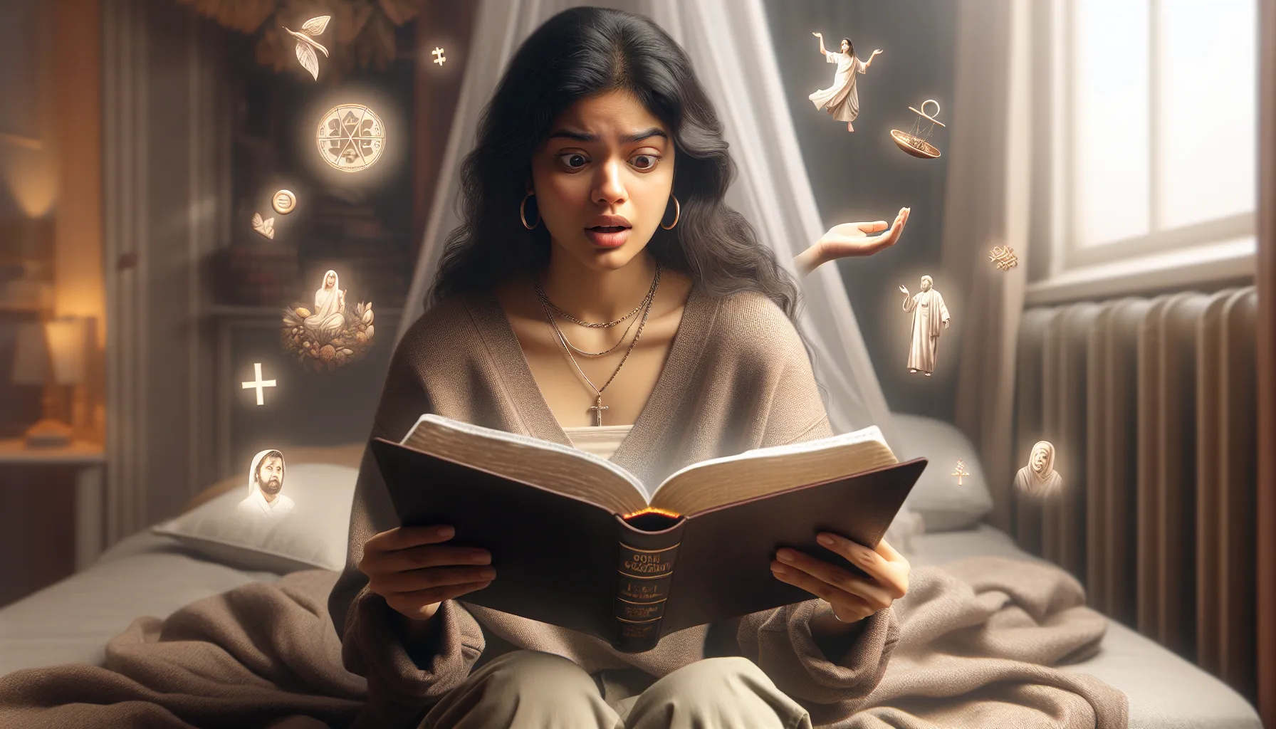 Ilustración de una persona leyendo la Biblia con una expresión de sorpresa y confusión