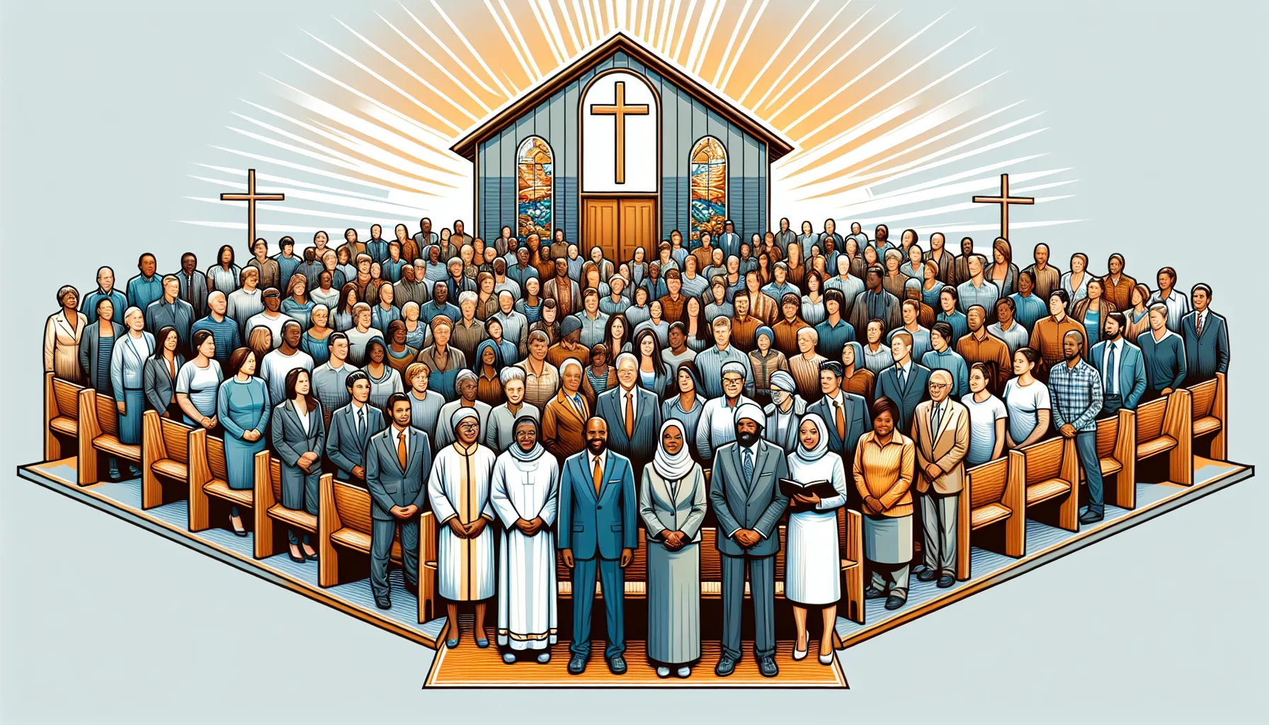Imagen de una iglesia con un grupo de personas reunidas