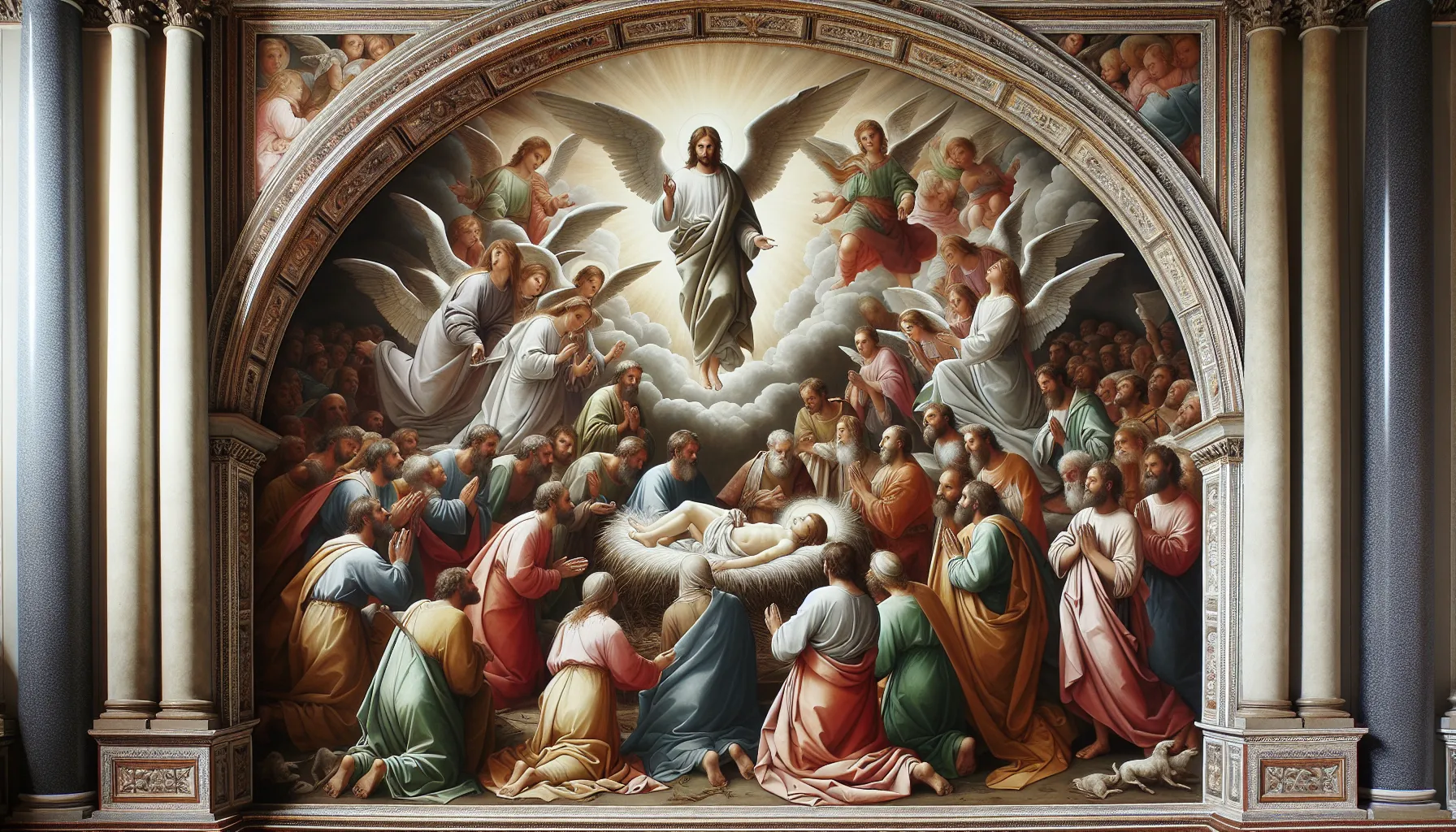 Imagen de un retablo representando la Encarnación de Cristo con ángeles y pastores en un estilo religioso y tradicional.