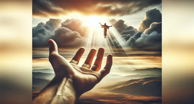 Imagen de una mano extendida hacia el cielo