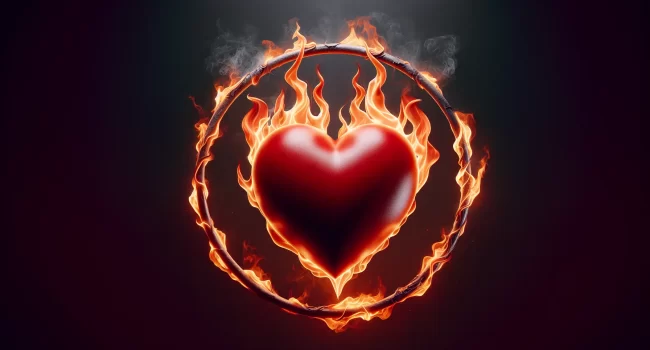 Imagen de un corazón rojo rodeado de llamas