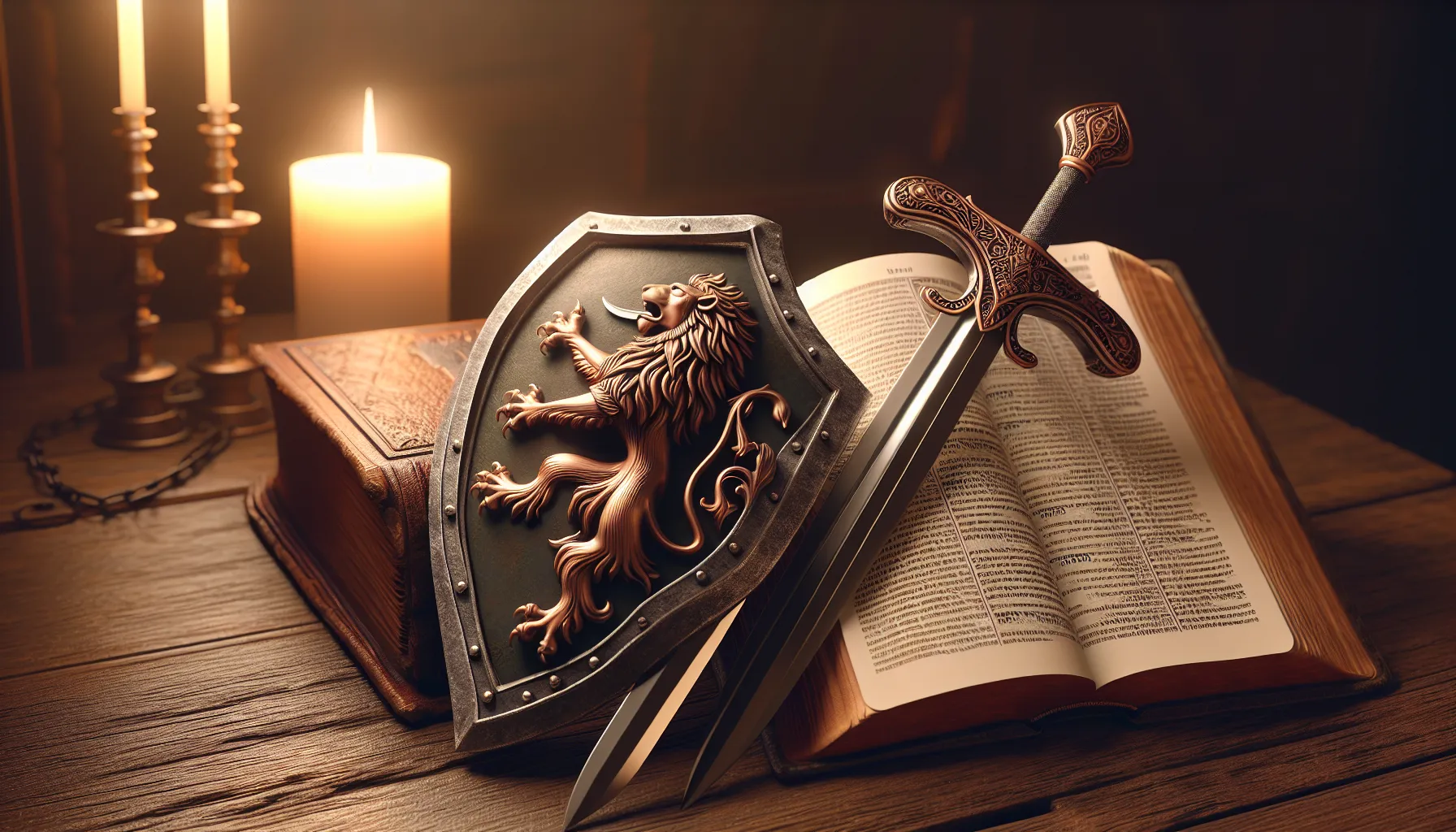 Una ilustración de una espada y un escudo, simbolizando la valentía y el coraje que se encuentran en la Biblia.