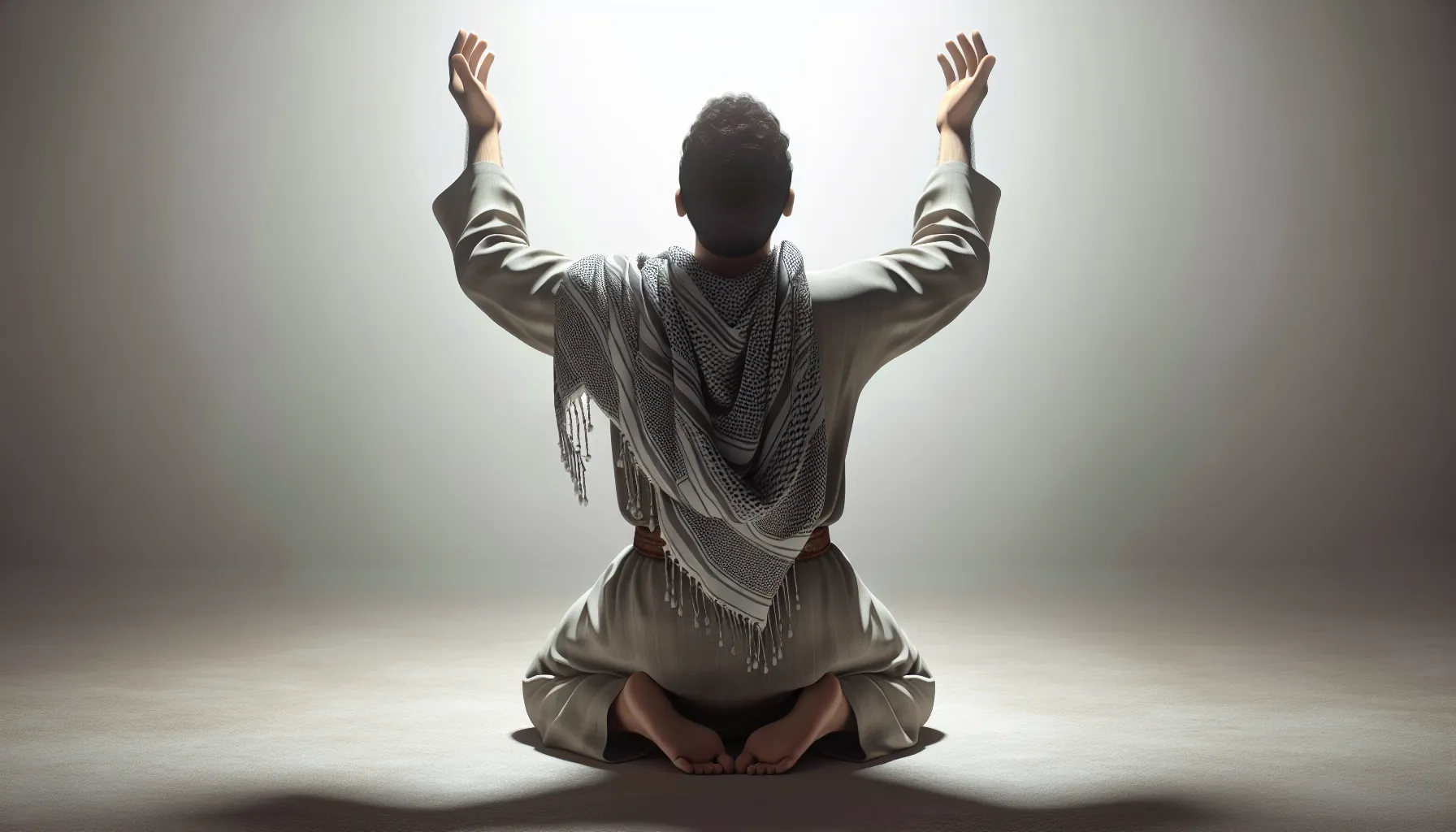 Imagen de un hombre arrodillado, con las manos levantadas hacia el cielo en actitud de rendición y adoración, representando la sumisión a Dios conforme a la enseñanza bíblica.