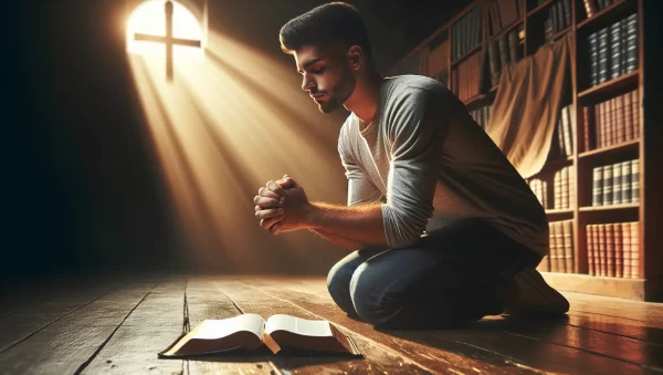 Imagen de un hombre arrodillado en oración con la Biblia abierta a su lado