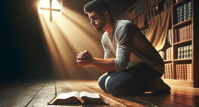 Imagen de un hombre arrodillado en oración con la Biblia abierta a su lado