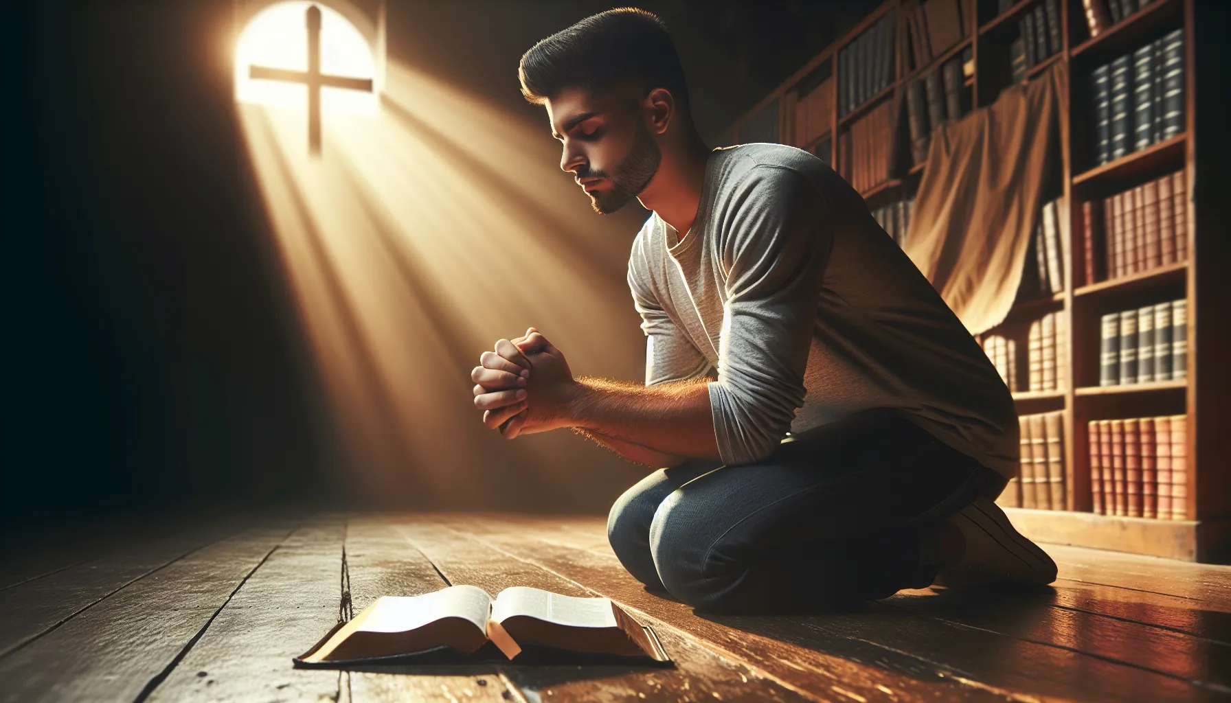 Imagen de un hombre arrodillado en oración con la Biblia abierta a su lado