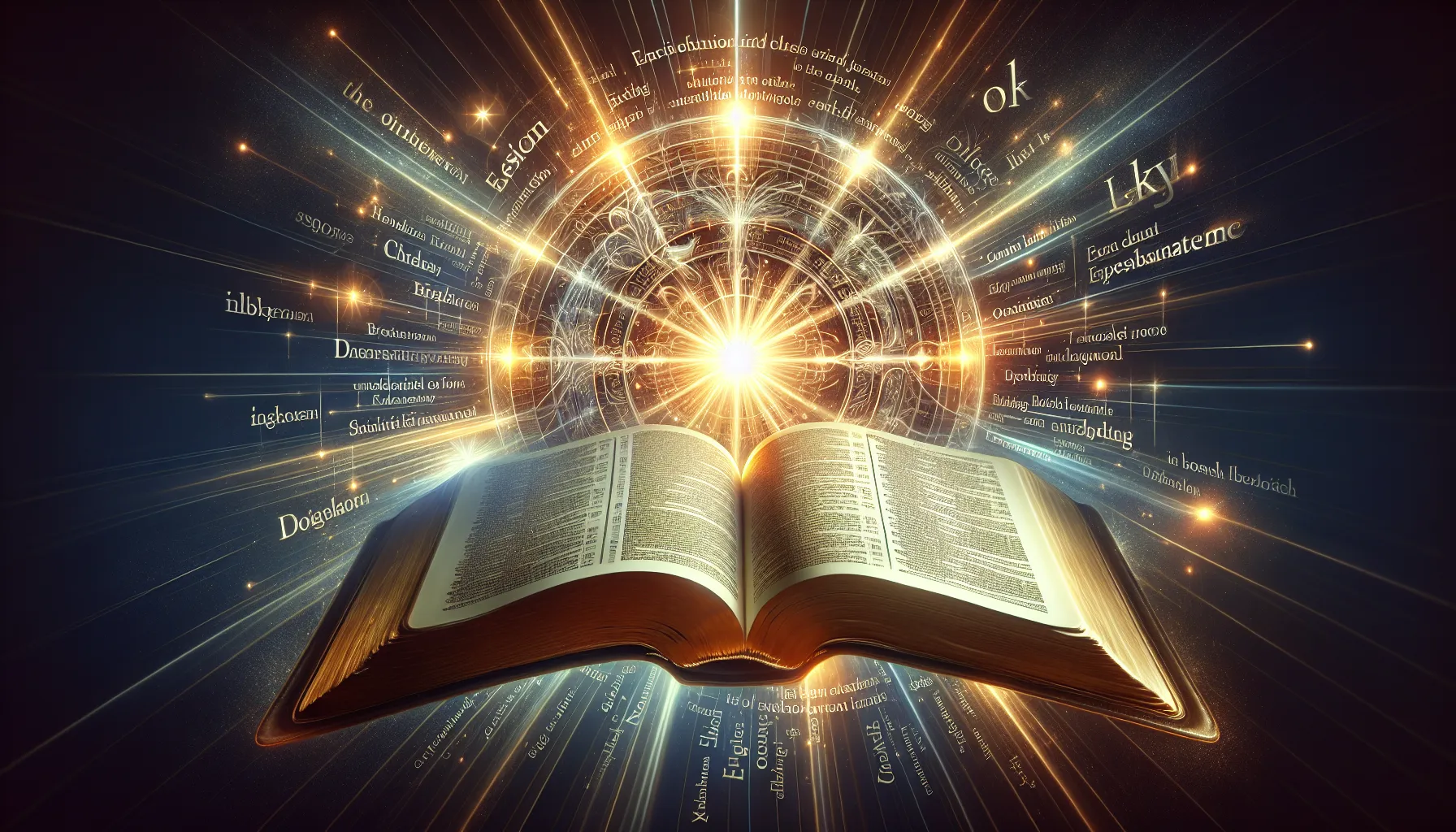 Imagen ilustrativa de una Biblia abierta con rayos de luz resplandeciendo sobre el texto, representando el profundo significado y ejemplos de la Teología Bíblica.