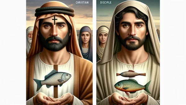 Diferencias entre cristiano y discípulo según la Biblia - ilustración comparativa de dos figuras con símbolos religiosos.