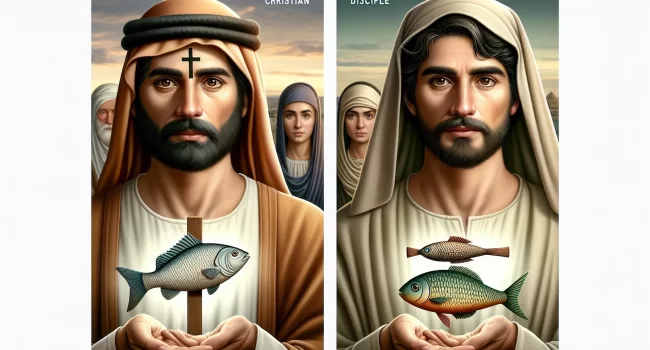 Diferencias entre cristiano y discípulo según la Biblia - ilustración comparativa de dos figuras con símbolos religiosos.