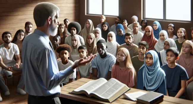 Maestro dando una lección a un grupo de estudiantes