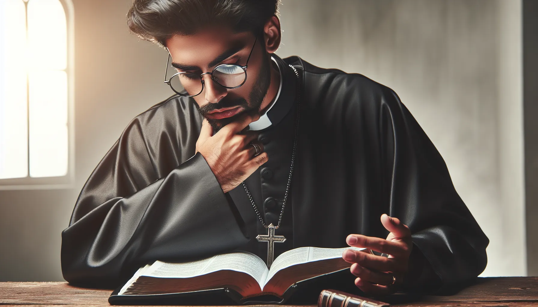 Imagen de un sacerdote leyendo la Biblia y reflexionando sobre sus responsabilidades religiosas.