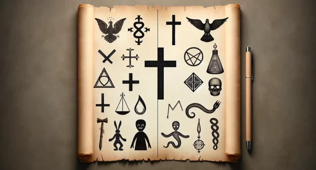 Imagen de un pergamino con símbolos religiosos cristianos y elementos vudú