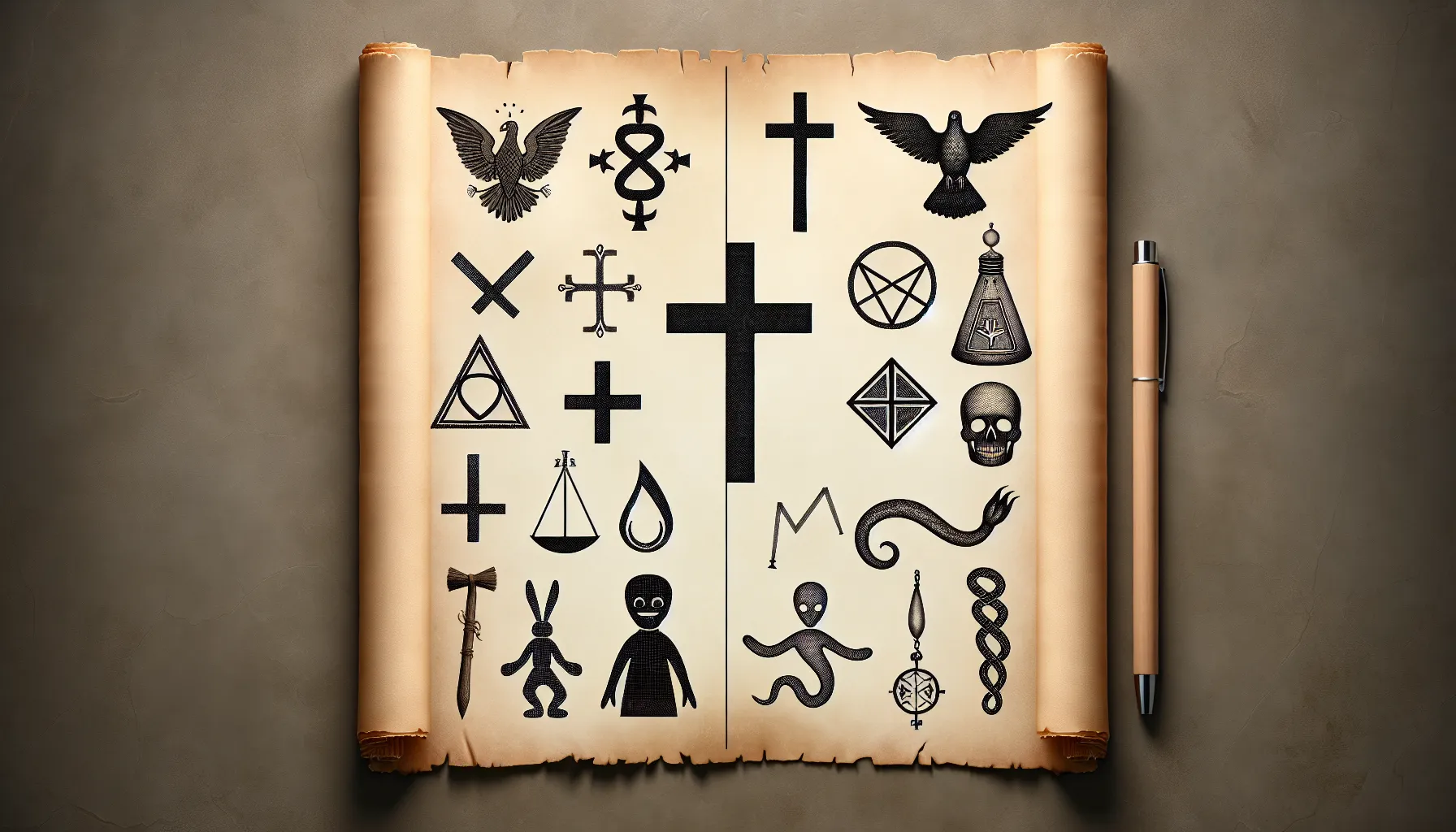 Imagen de un pergamino con símbolos religiosos cristianos y elementos vudú