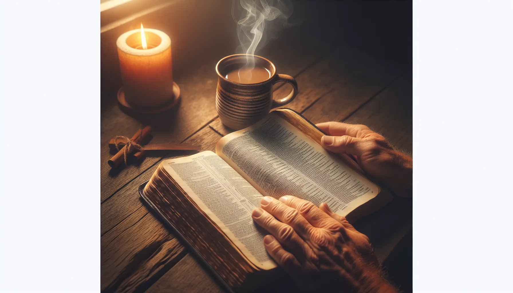 Imagen de una persona abriendo una Biblia con una taza de café al lado, mostrando un ambiente tranquilo para comenzar a leer la Biblia de forma apropiada.