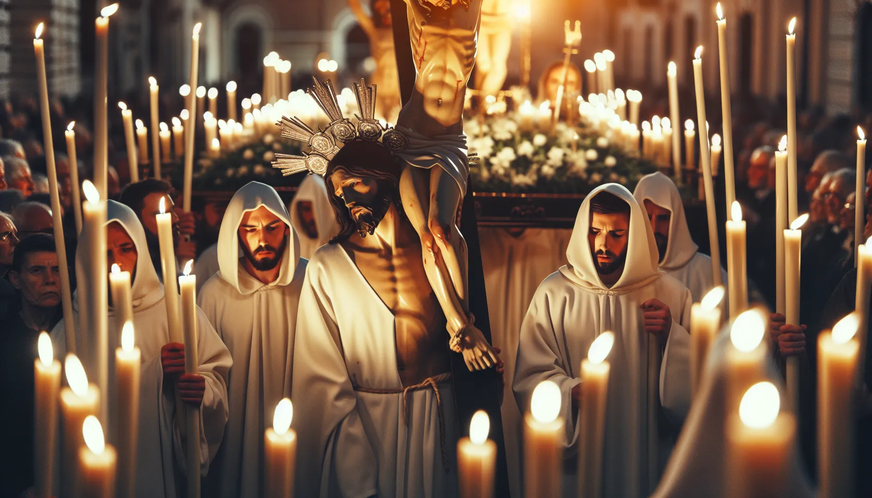Imagen de una procesión de Semana Santa durante el Jueves Santo, con nazarenos llevando velas y la imagen de Jesús crucificado, mostrando devoción y solemnidad.