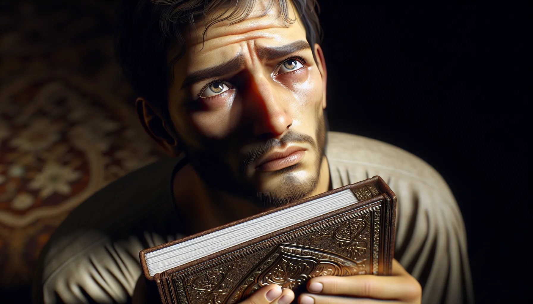Imagen: Una persona con expresión de preocupación mirando hacia arriba mientras sostiene un libro religioso.
