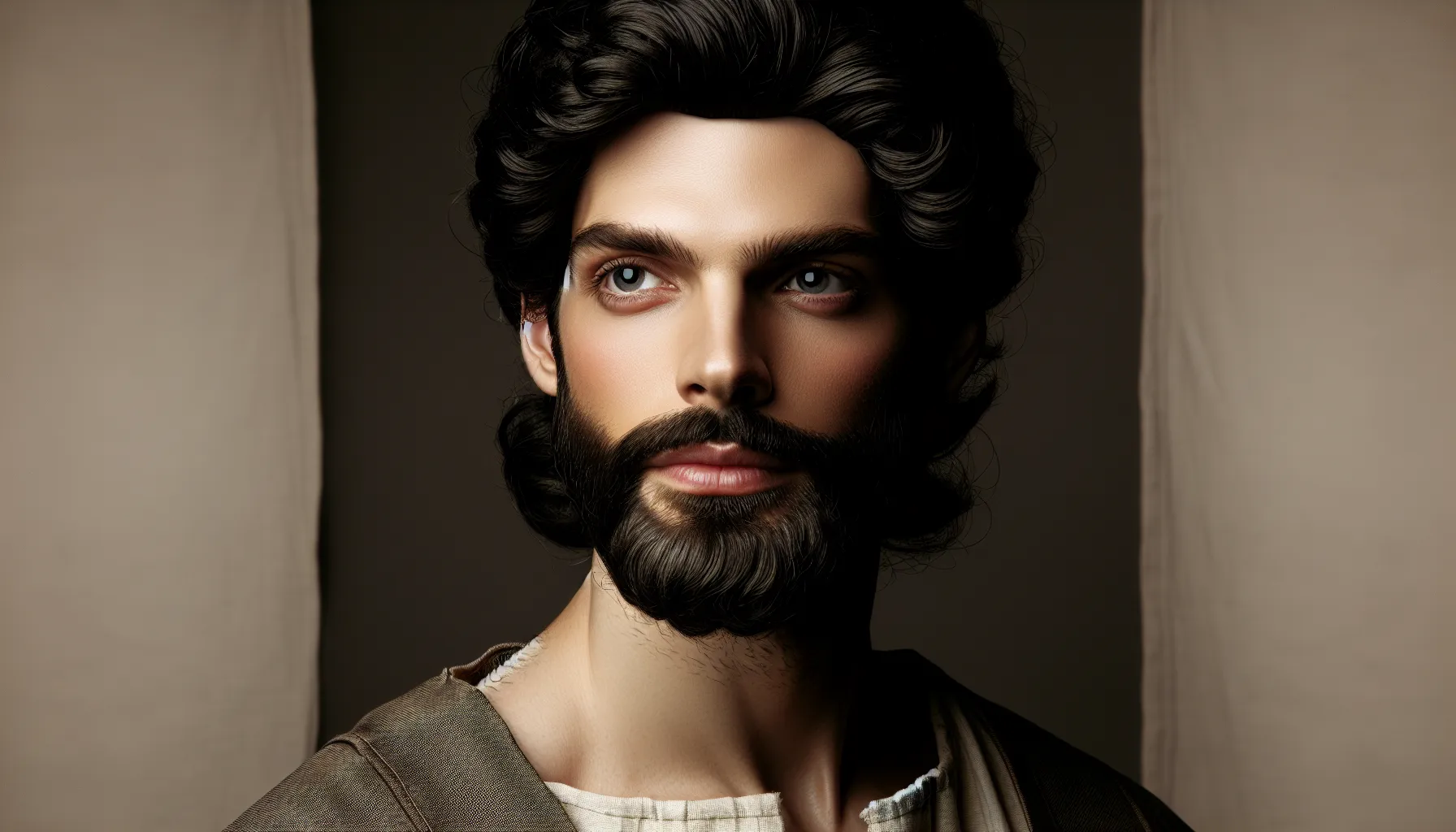 Imagen de un hombre de barba y cabello oscuro, con mirada serena y vestimenta antigua, representando a Adán según la Biblia.
