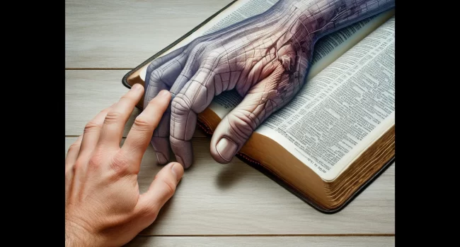 Imagen de un libro de la Biblia abierto con una mano sobre él