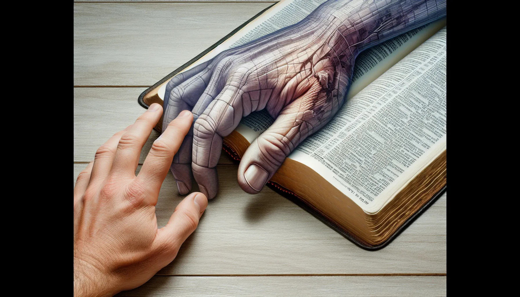 Imagen de un libro de la Biblia abierto con una mano sobre él