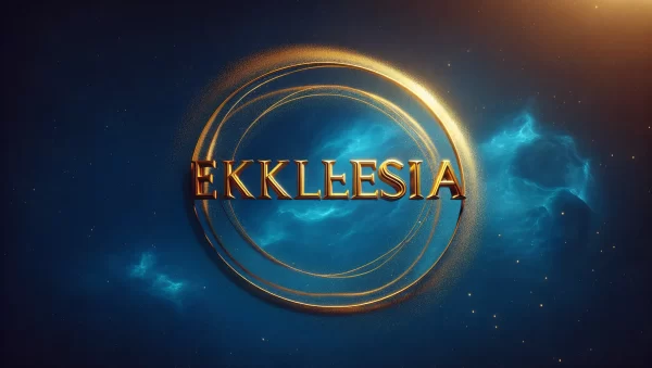 Palabra ekklesia en letras doradas sobre un fondo celestial