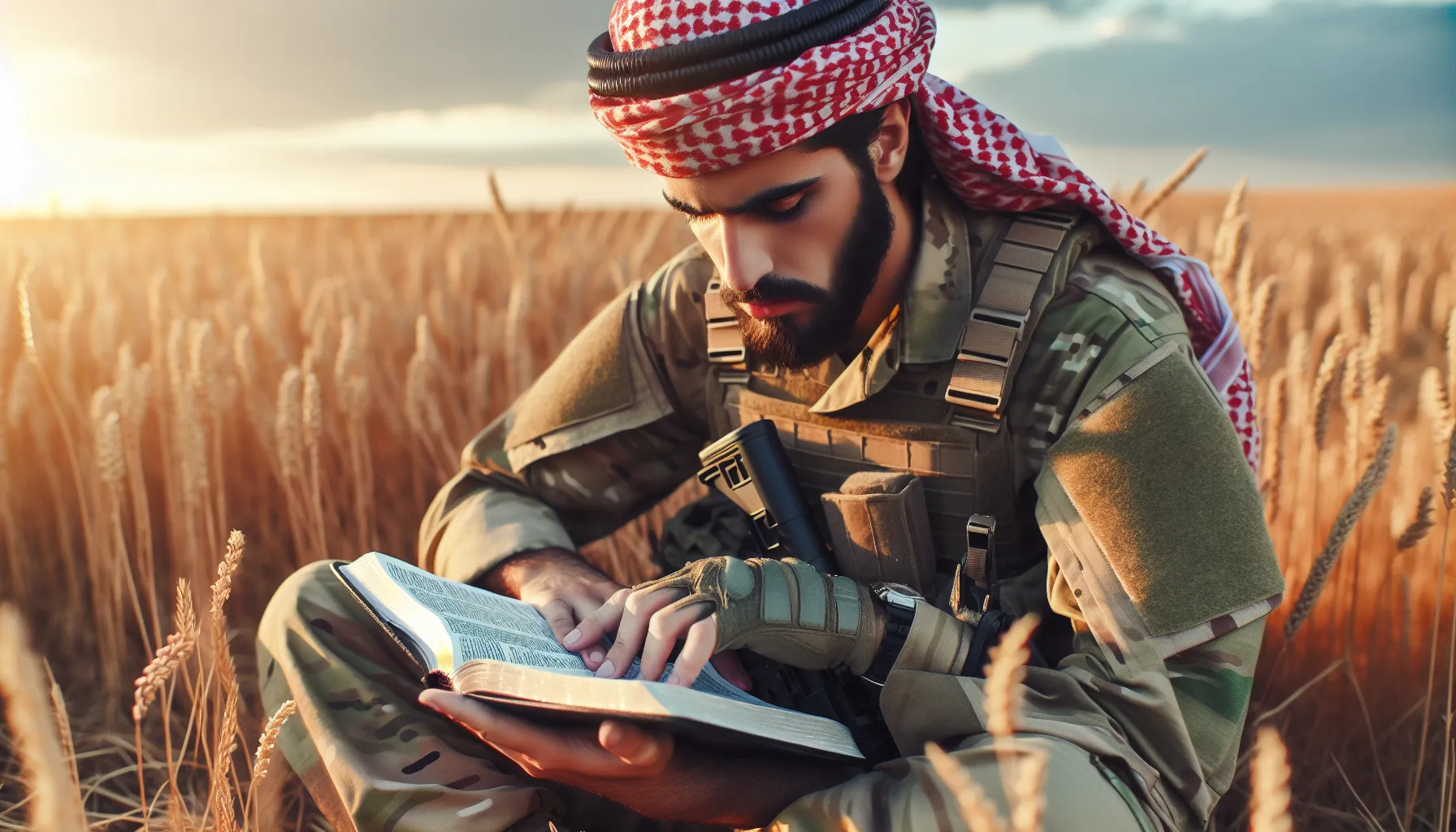 Imagen de soldado leyendo la Biblia en el campo