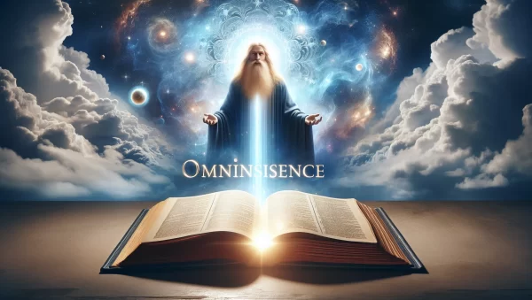 Una representación visual de la omnipresencia de Dios con un fondo celestial y una luz brillante iluminando un libro abierto con la palabra 'Omnisciencia' en primer plano.