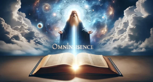 Una representación visual de la omnipresencia de Dios con un fondo celestial y una luz brillante iluminando un libro abierto con la palabra 'Omnisciencia' en primer plano.