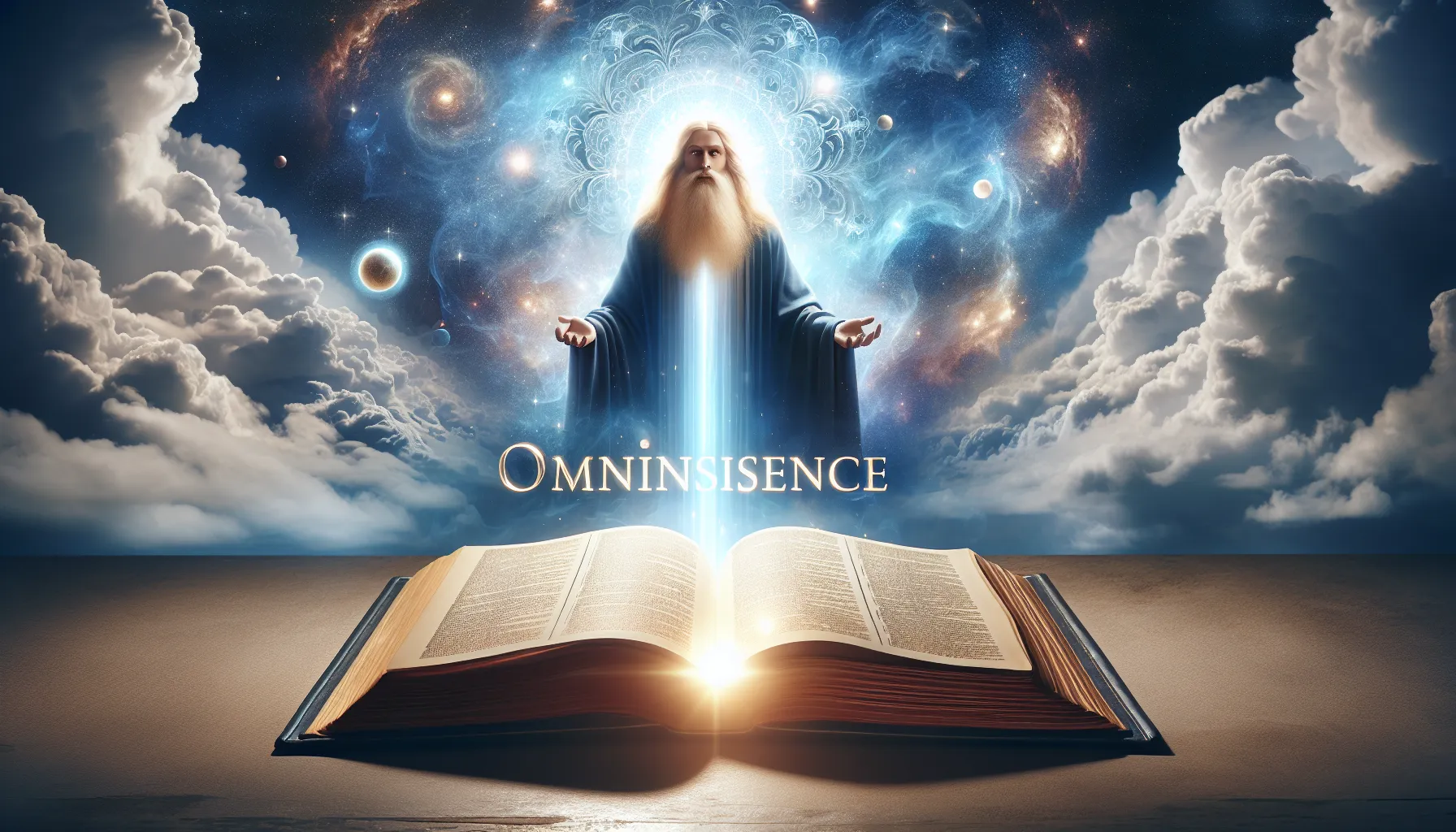 Una representación visual de la omnipresencia de Dios con un fondo celestial y una luz brillante iluminando un libro abierto con la palabra 'Omnisciencia' en primer plano.