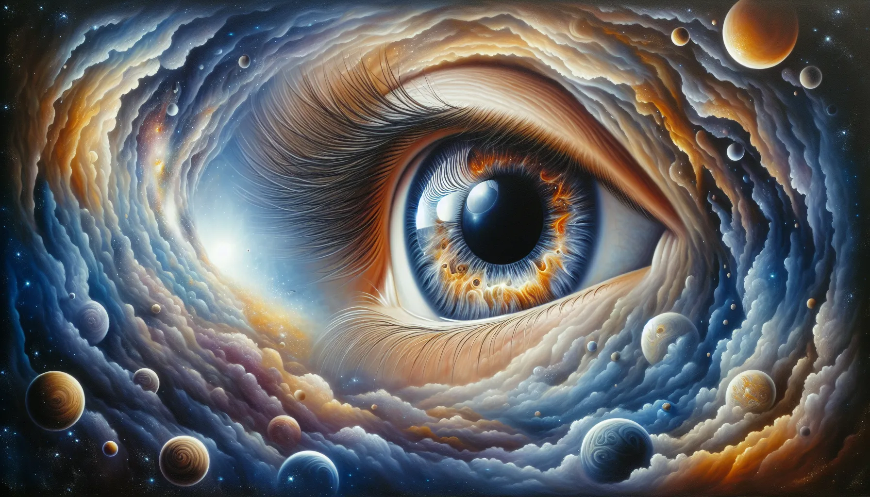 La imagen muestra una representación artística de un ojo divino observando el universo, simbolizando la omnisciencia de Dios según la Biblia.
