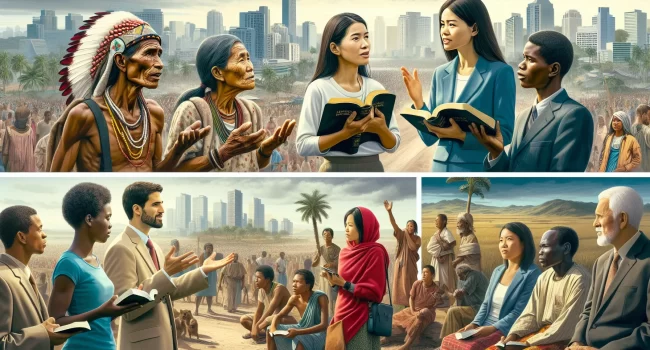 Imagen representando misioneros cristianos evangelizando en diferentes partes del mundo'.