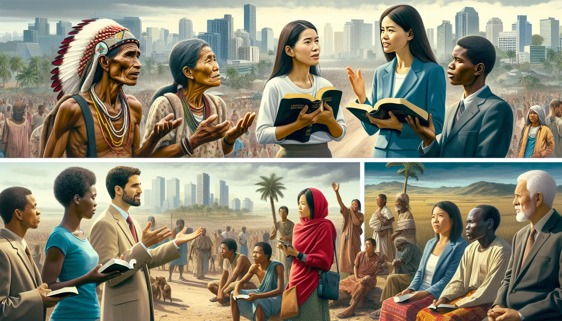Imagen representando misioneros cristianos evangelizando en diferentes partes del mundo'.