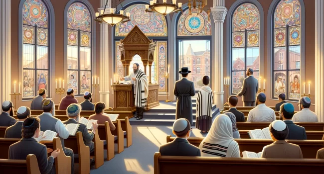 Imagen ilustrativa de una sinagoga durante un servicio religioso en la comunidad judía.