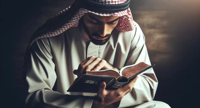 Imagen de un hombre leyendo la Biblia y reflexionando