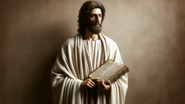 Imagen de un hombre de la antigüedad con una túnica blanca y un libro antiguo en la mano