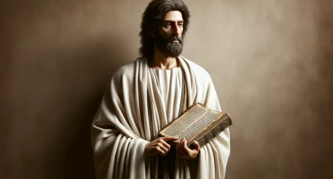 Imagen de un hombre de la antigüedad con una túnica blanca y un libro antiguo en la mano