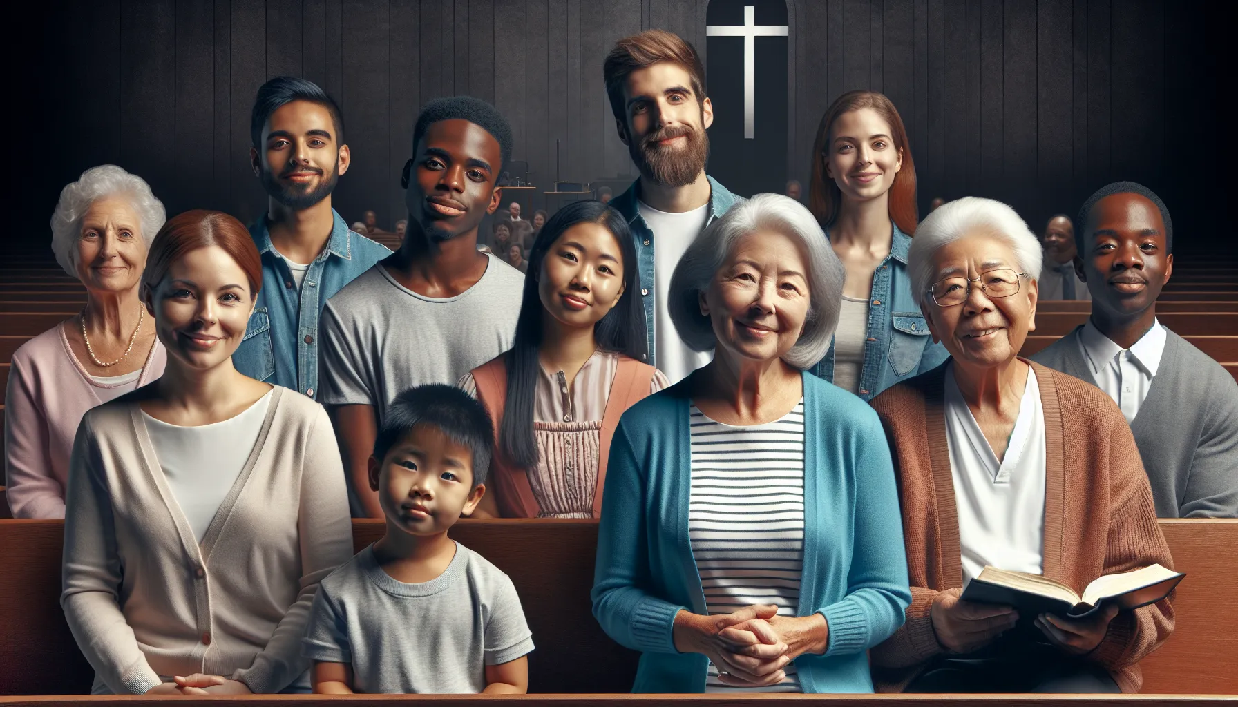 Imagen representativa de una iglesia con personas de diferentes etnias y edades congregadas