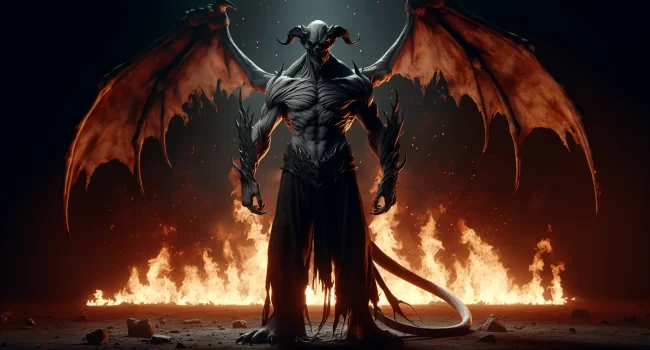 Ilustración de una figura demoníaca en una imagen oscura con llamas de fuego en el fondo'.