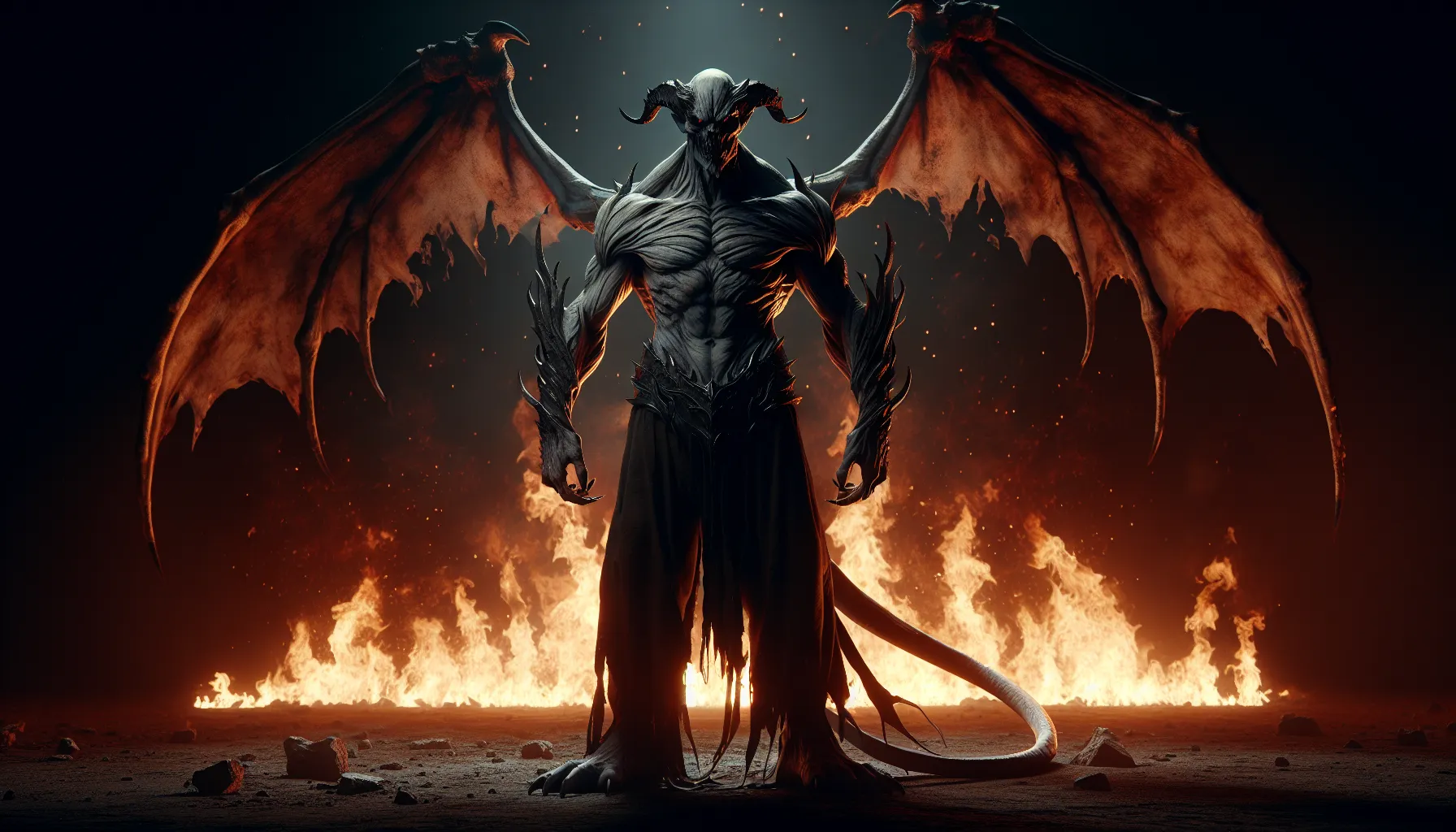 Ilustración de una figura demoníaca en una imagen oscura con llamas de fuego en el fondo'.