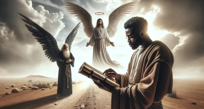 Hombre negro con túnica leyendo un pergamino en una carretera desértica con un ángel y Felipe a su lado
