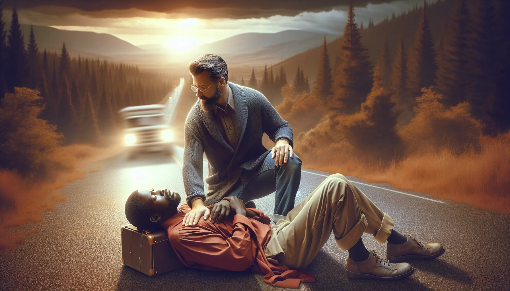 Un buen samaritano se detiene a ayudar a un hombre herido en la carretera