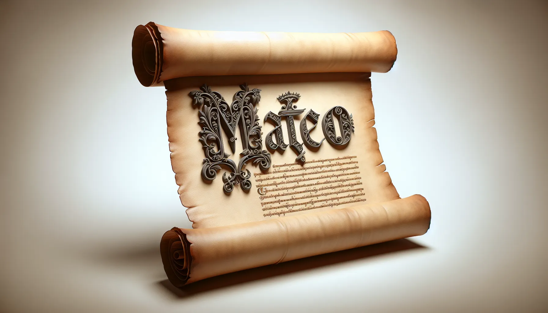Imagen de un pergamino antiguo con el nombre de Mateo escrito en letras ornamentadas, representando la autoría del Evangelio y su importancia histórica y religiosa.