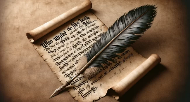 Imagen de una antigua pluma escribiendo en un pergamino con el título 'Quién escribió el libro de los Hechos en la Biblia'.