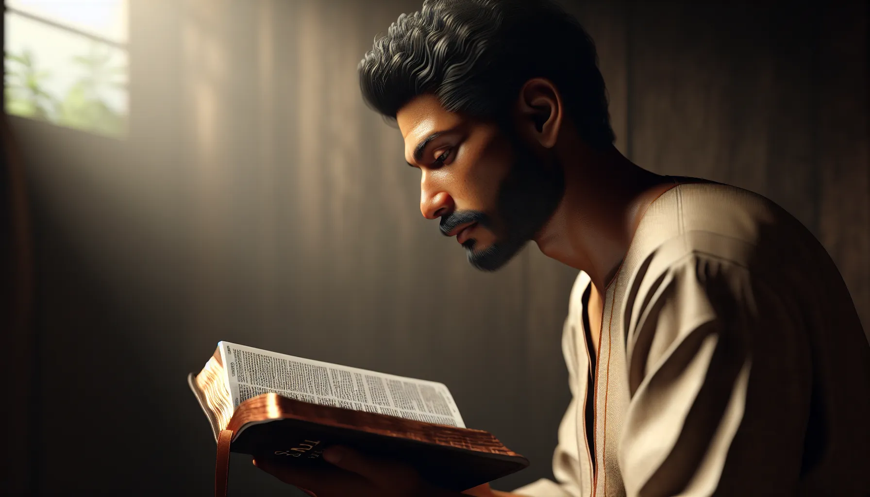 Imagen de un hombre contemplativo leyendo la Biblia, representando las lecciones de vida que podemos aprender de Saúl en la Biblia.