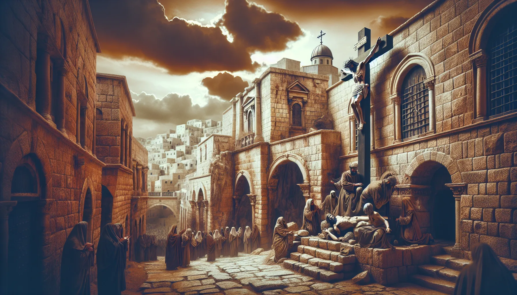 Representación artística de la crucifixión de Jesús de Nazaret en un paisaje de Jerusalén antiguo.
