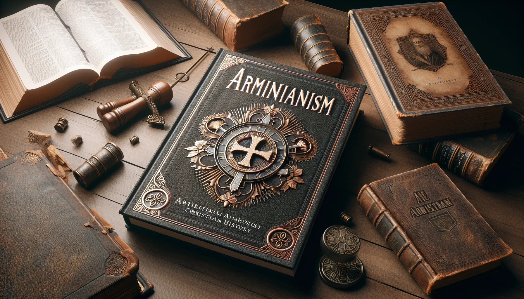 Imagen de la portada de un libro con el título 'Arminianismo en la historia cristiana' rodeado de libros antiguos y una Biblia abierta.