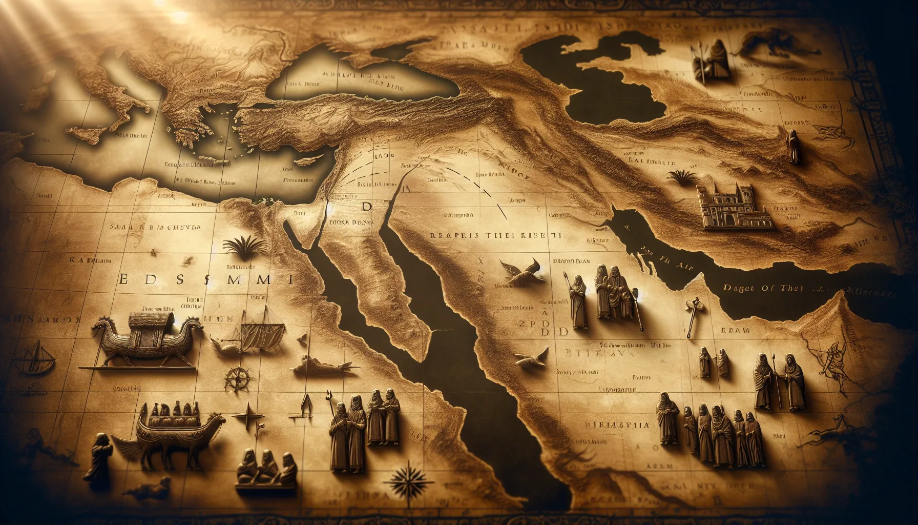 Imagen de un mapa antiguo del Oriente Medio con la región de Edom destacada, símbolos y figuras bíblicas en un fondo en tonos de sepia.
