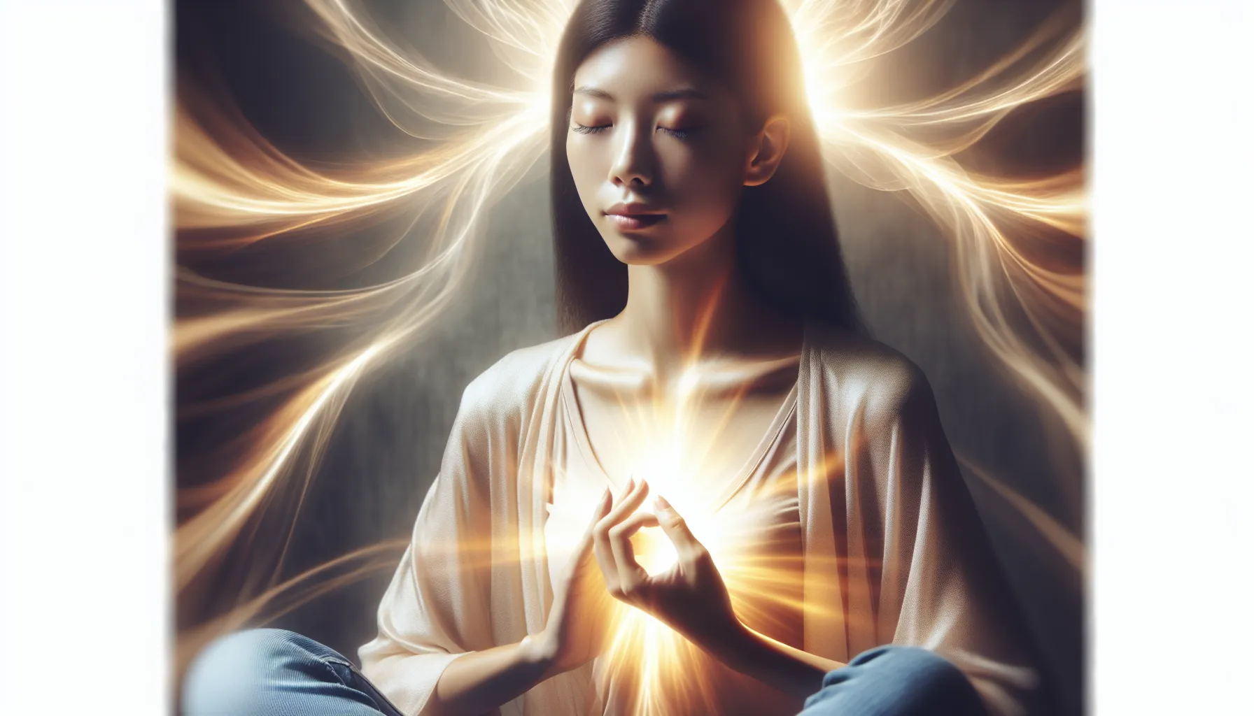 Persona con los ojos cerrados en meditación, rodeada de un aura brillante y acogedora, simbolizando la recepción del Espíritu Santo de manera íntima y personal.