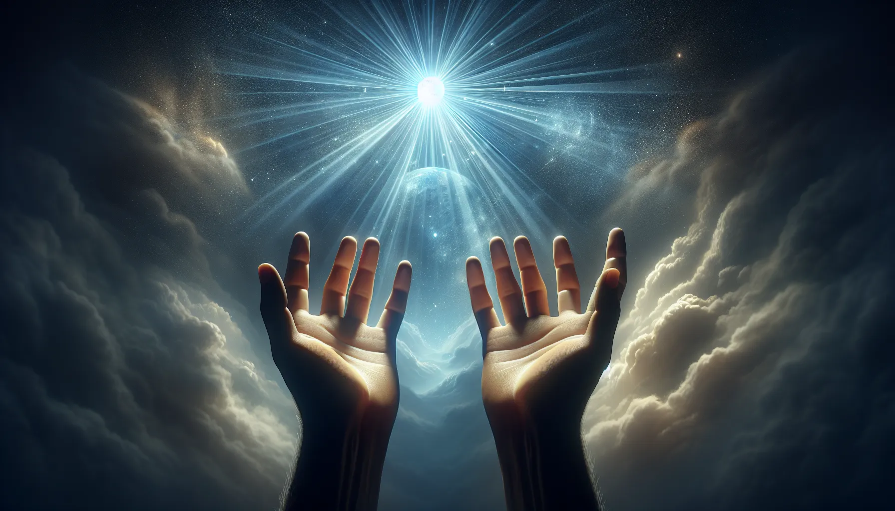 Manos abiertas al cielo en busca de la presencia divina del Espíritu Santo
