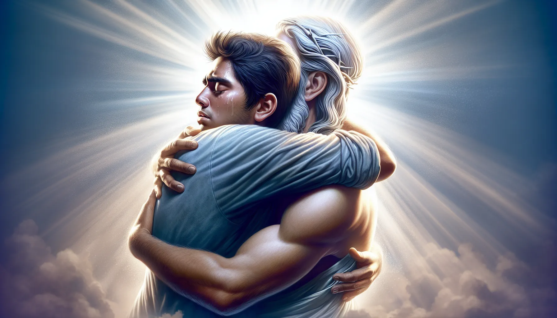 Ilustración de una persona arrepentida y conmovedora abrazando a una figura divina